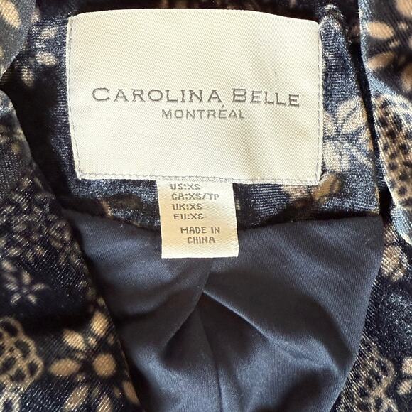 Carolina Belle Montreal Velvet Blazer XS Navy Blue Beige Floral Double Breasted - Picture 6 of 9